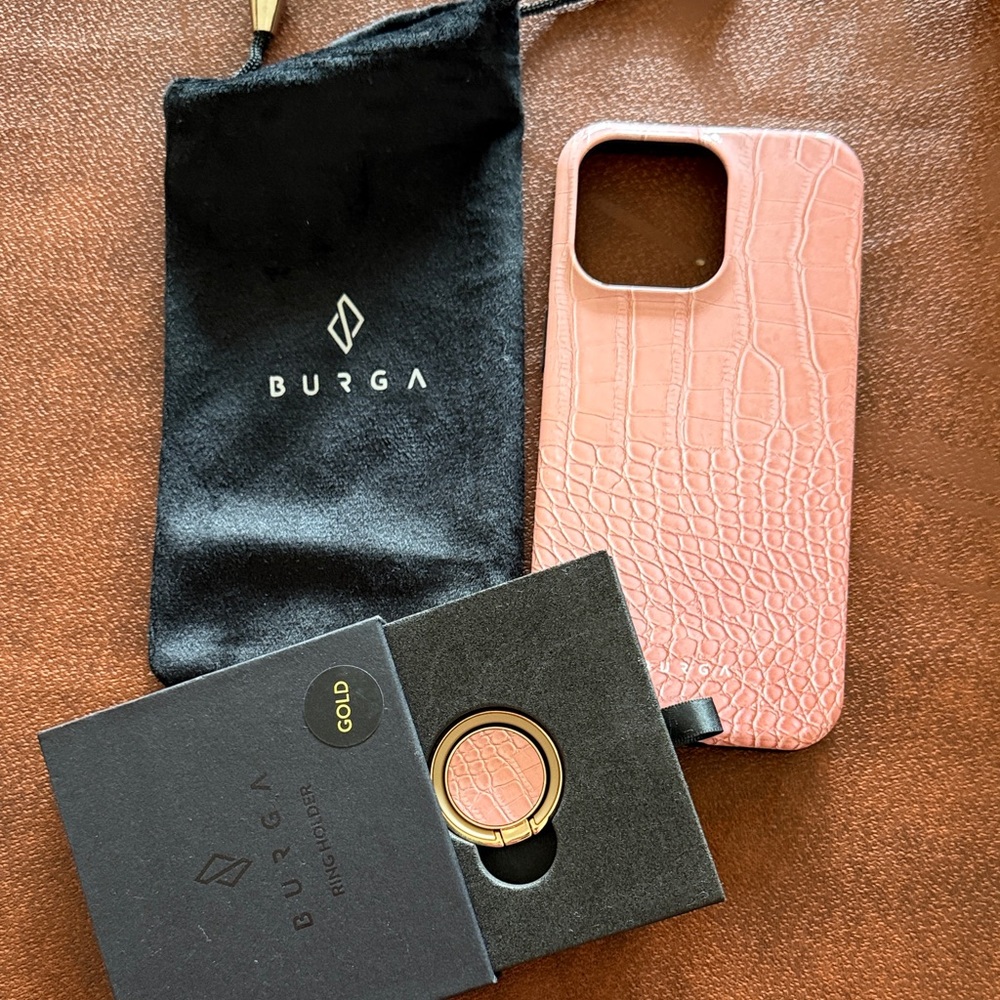 Burga Pink Crocodile Pattern iPhone 15 Pro Max Case with cover, additional ring